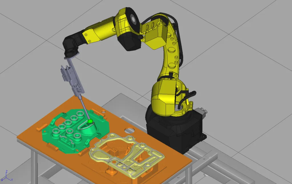 Programme S3D exporté et exécuté dans RoboGuide : robot FANUC réalisant le collage sur la pièce
