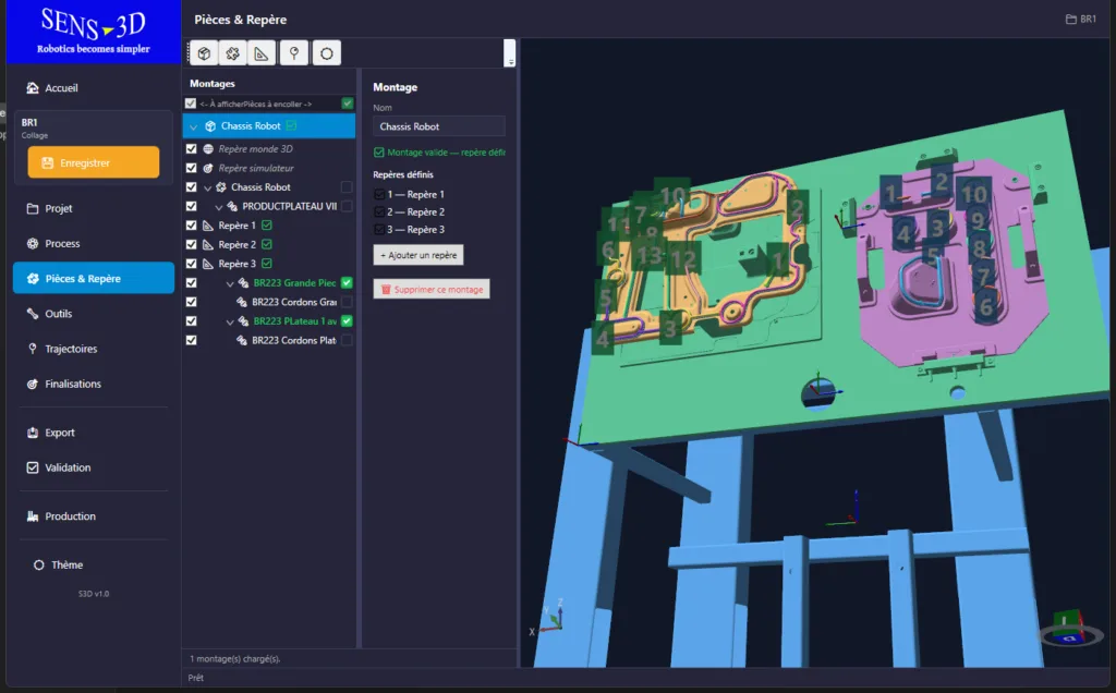 Logiciel S3D : montage complet de la cellule en 3D — châssis, plateau et pièces avec leurs repères