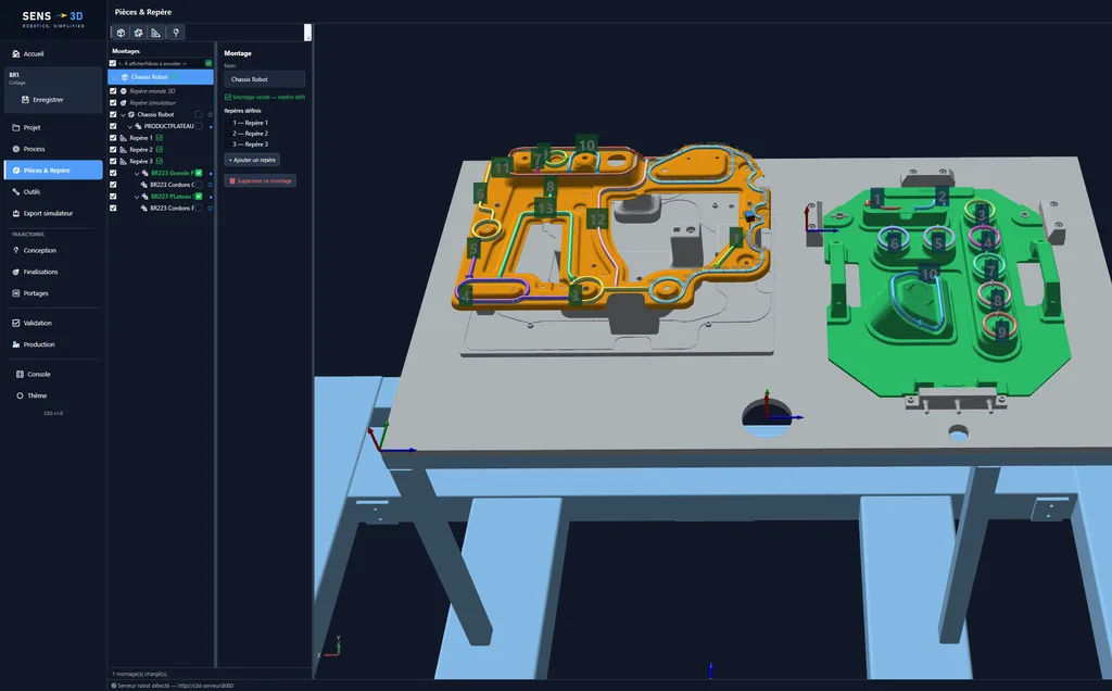 Logiciel S3D : montage complet de la cellule en 3D — châssis, plateau et pièces avec leurs repères