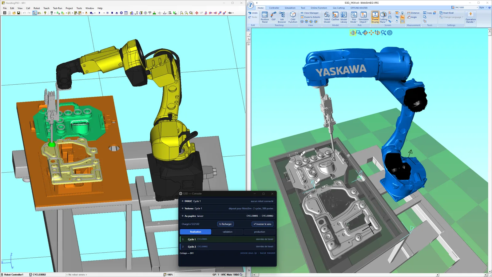 Deux simulateurs côte à côte : RoboGuide pour FANUC et MotoSim EG-VRC pour Yaskawa exécutent le même cycle produit par S3D, la console S3D entre les deux